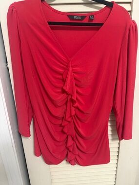 Dennis Basso Italia Knit Cascade-Front Top with 3/4-Sleeves in Coral Size L